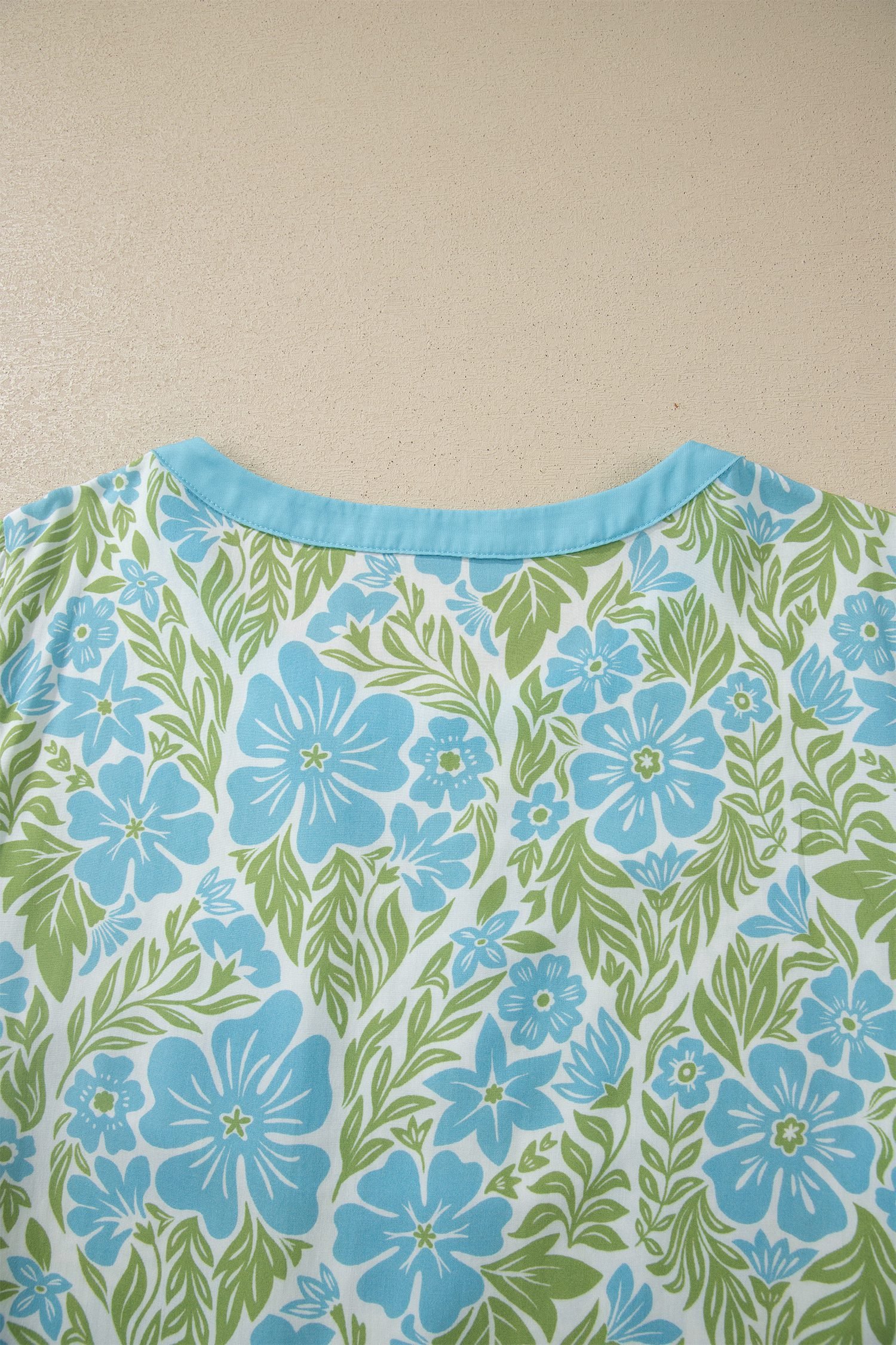 Sky Blue Floral Print Ruffled Color Block Trim Half Sleeve Blouse