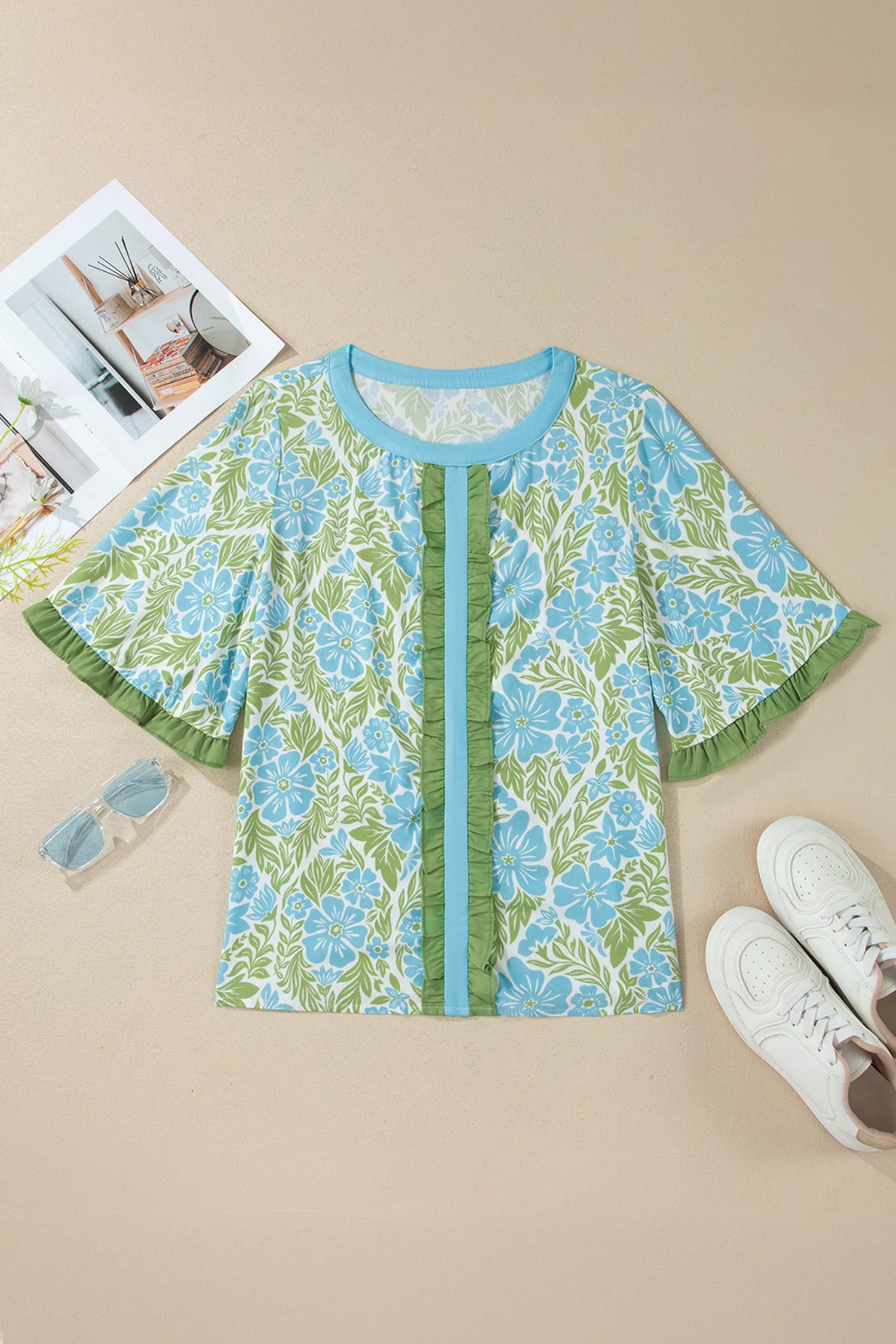 Sky Blue Floral Print Ruffled Color Block Trim Half Sleeve Blouse