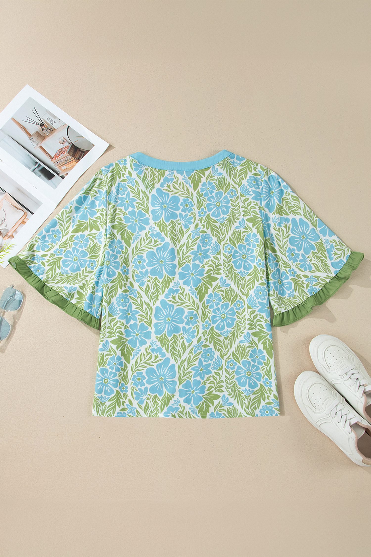Sky Blue Floral Print Ruffled Color Block Trim Half Sleeve Blouse