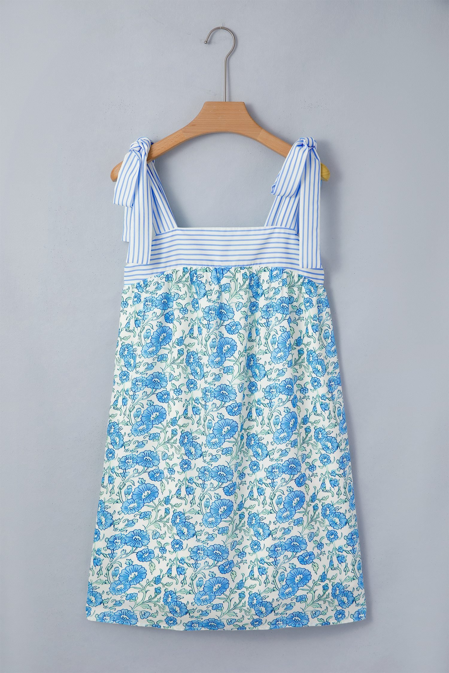 Sky Blue Floral Print Striped Patchwork Bow Knot Straps Mini Dress
