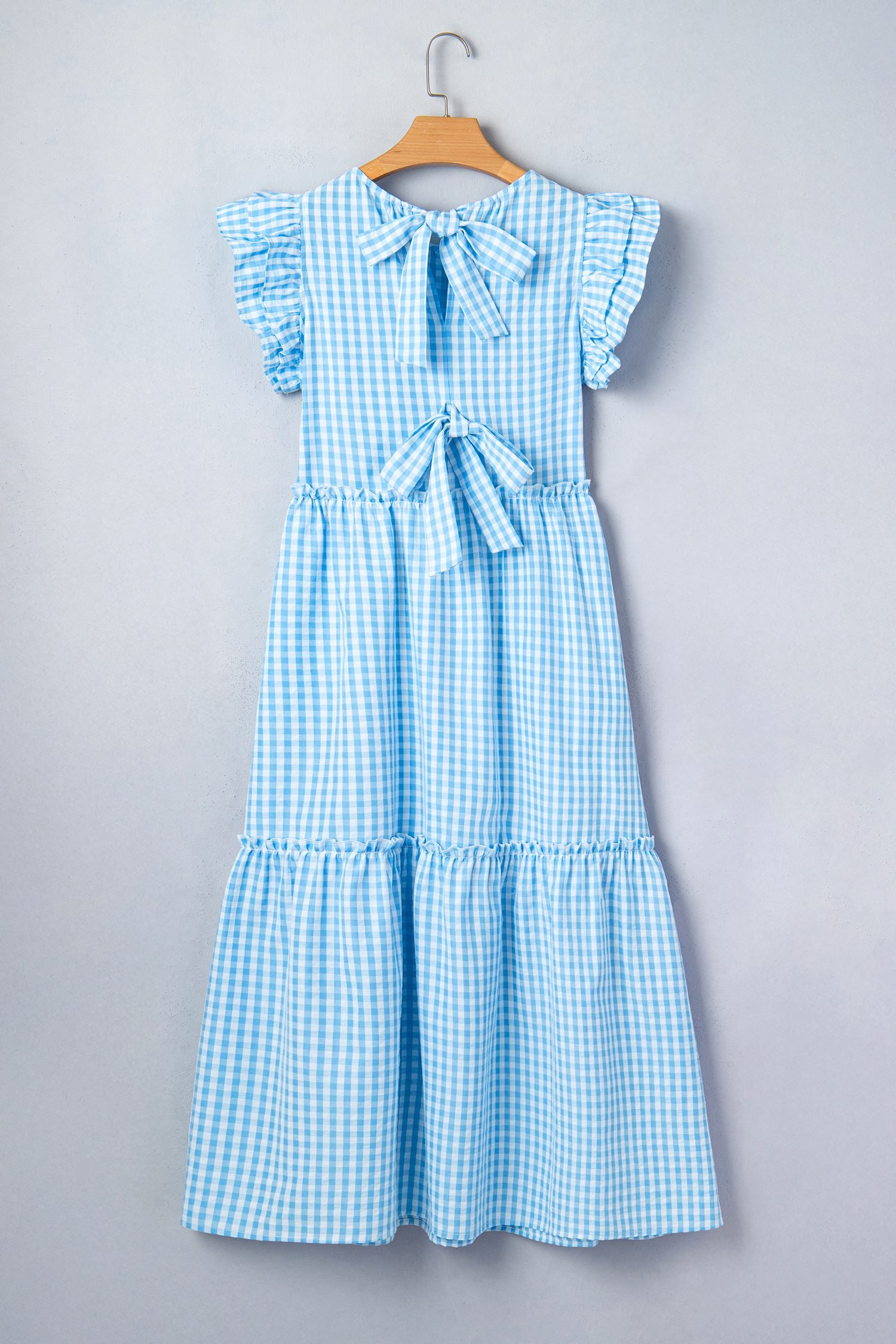 Sky Blue Knot Back Ruffled Short Sleeve Gingham Maxi Dress