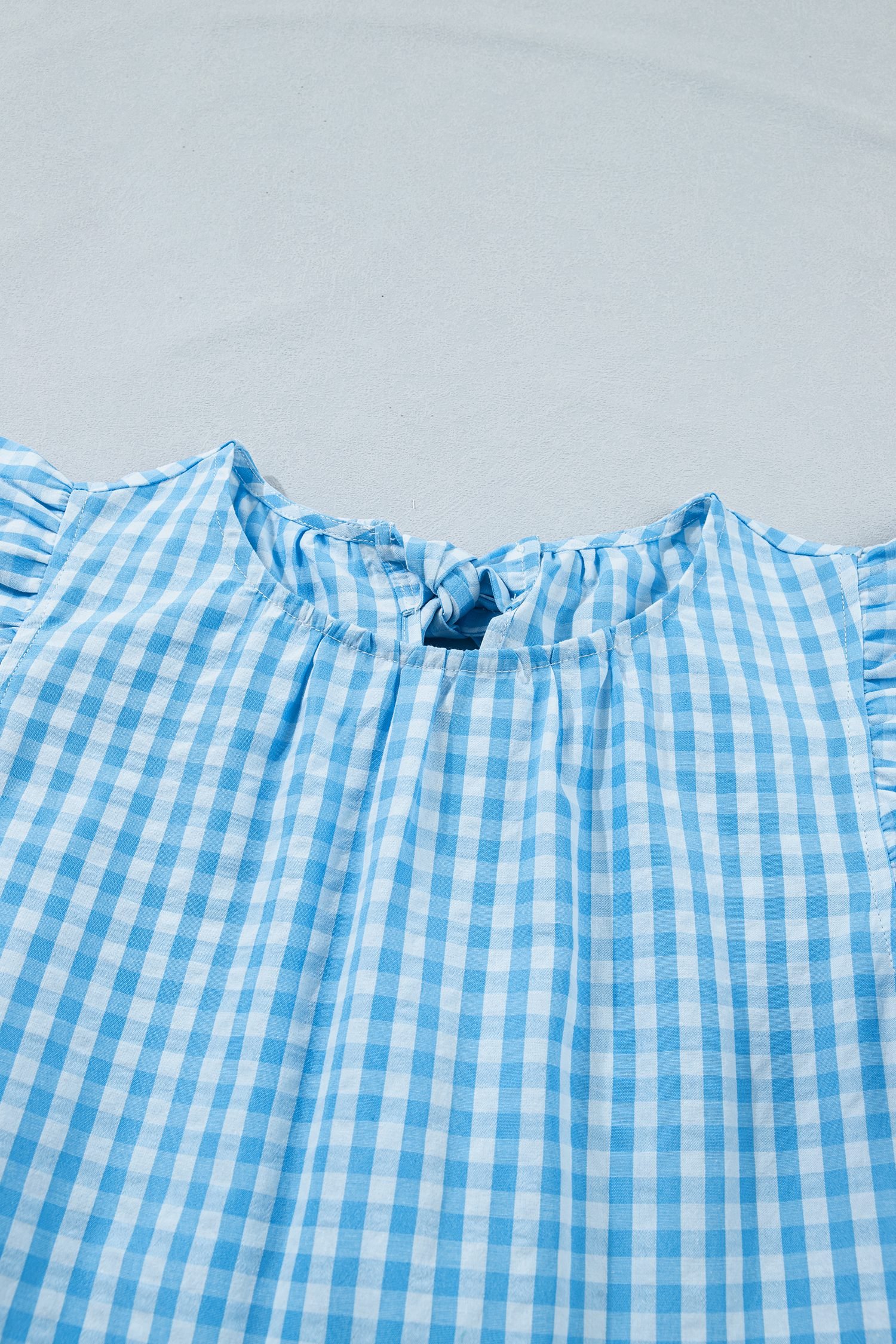 Sky Blue Knot Back Ruffled Short Sleeve Gingham Maxi Dress