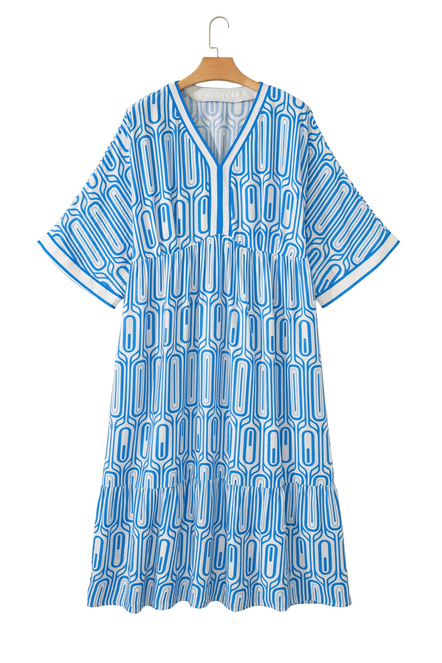 Sky Blue Plus Size Geometric Print Contrast Trim V Neck Bracelet Sleeve Long Dress