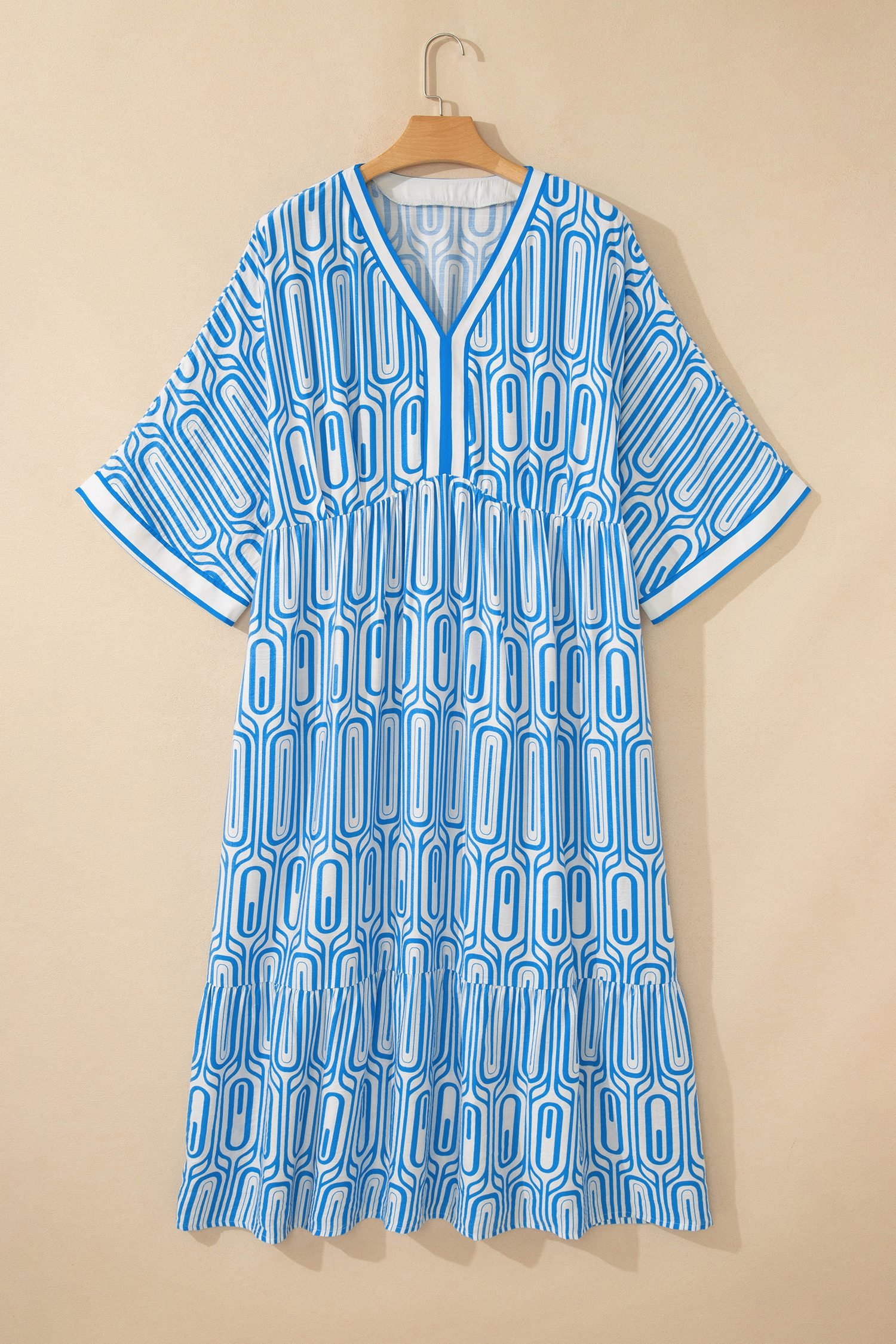 Sky Blue Plus Size Geometric Print Contrast Trim V Neck Bracelet Sleeve Long Dress