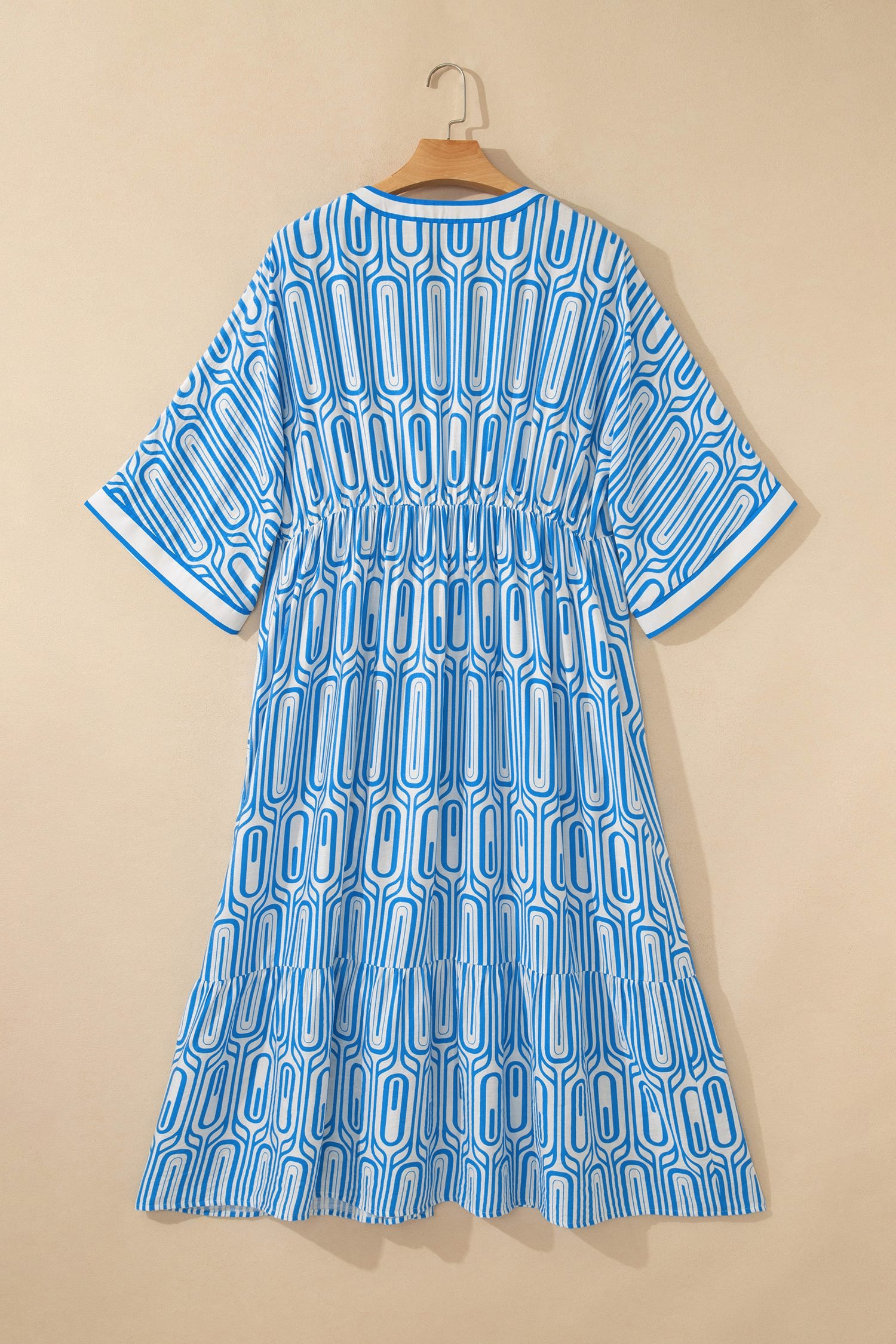Sky Blue Plus Size Geometric Print Contrast Trim V Neck Bracelet Sleeve Long Dress