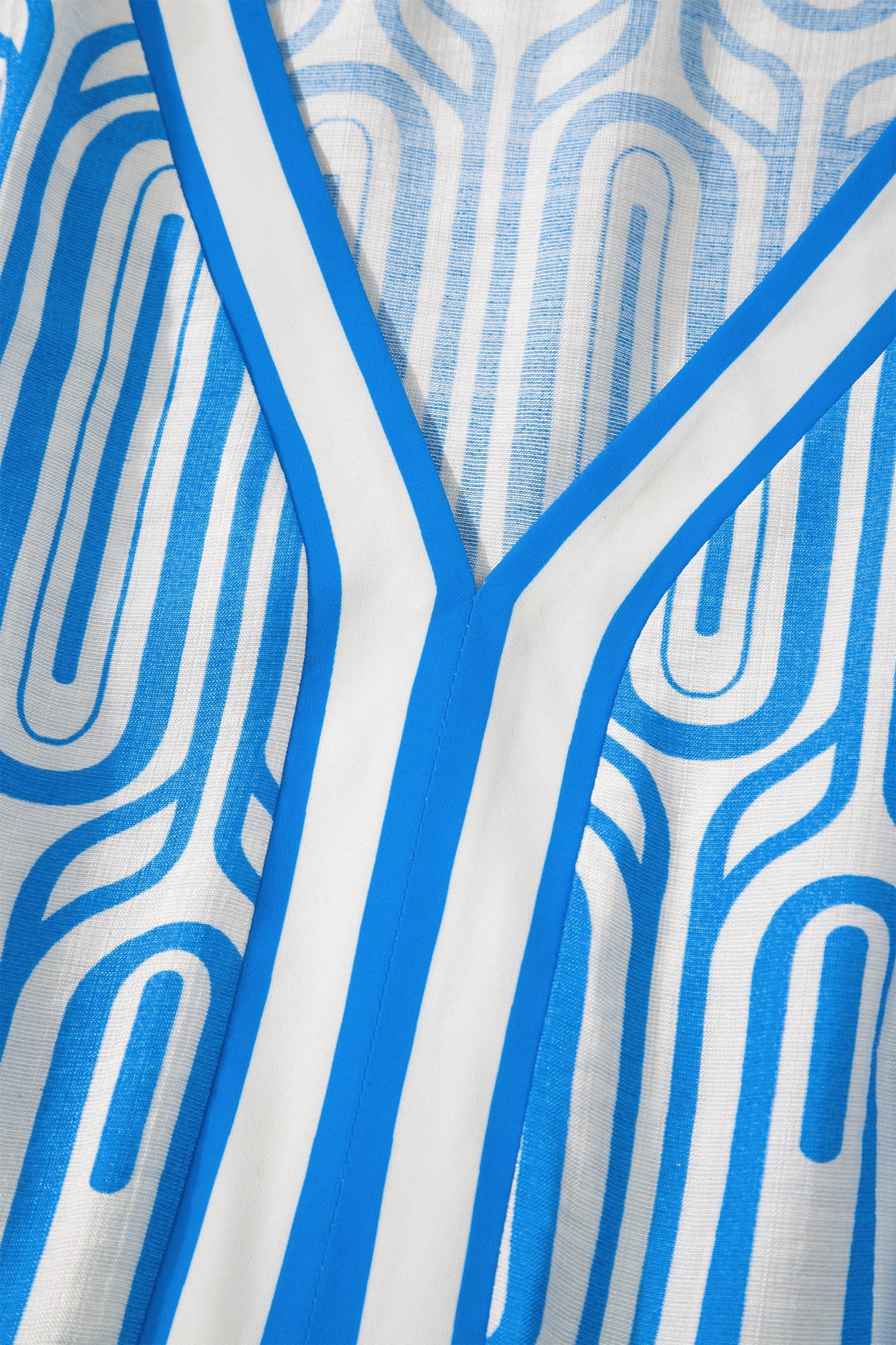 Sky Blue Plus Size Geometric Print Contrast Trim V Neck Bracelet Sleeve Long Dress