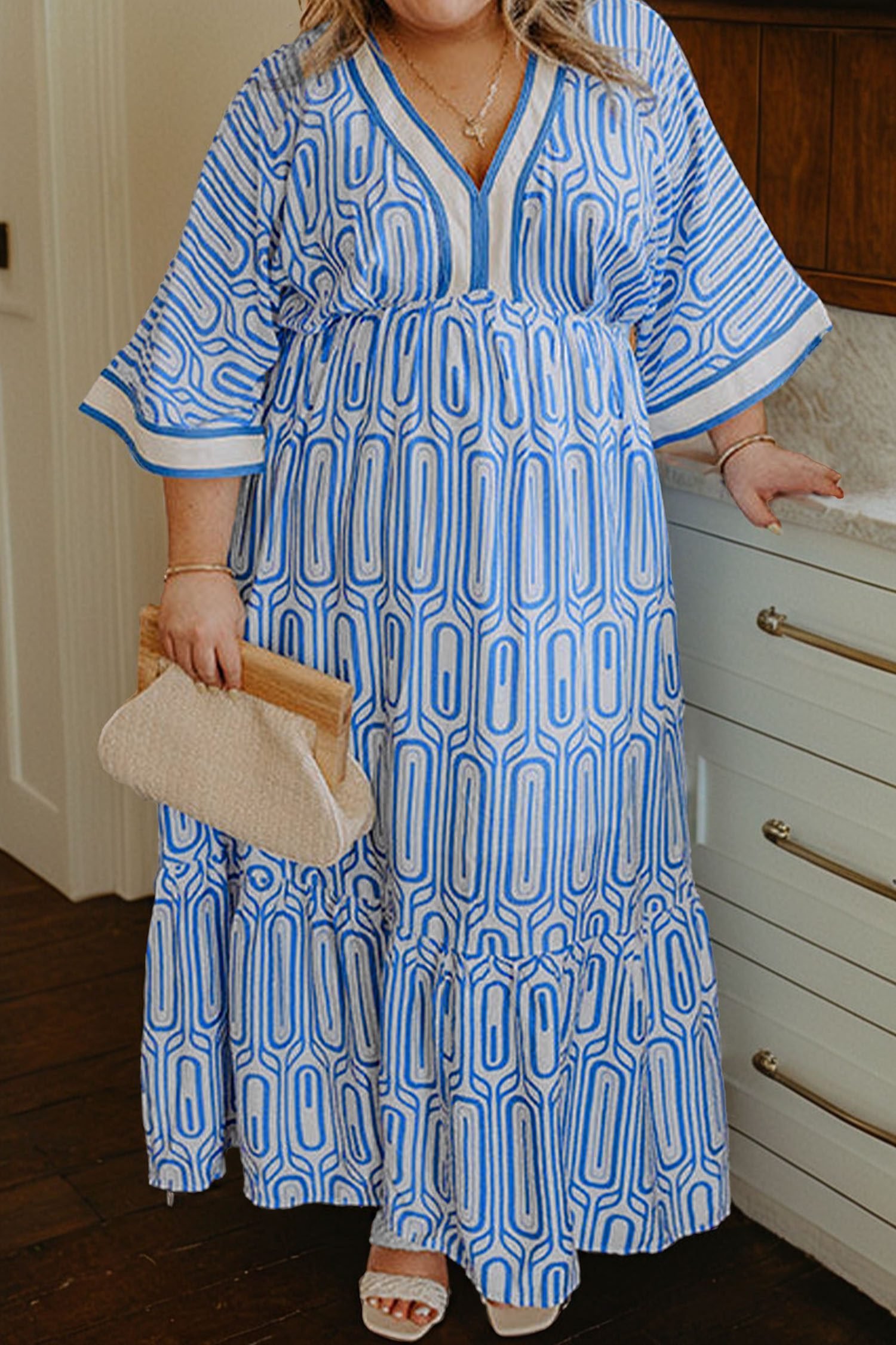 Sky Blue Plus Size Geometric Print Contrast Trim V Neck Bracelet Sleeve Long Dress