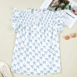 Sky Blue Ruffled Short Sleeve Plus Size Bow Top