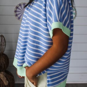 Sky Blue Stripe Contrast Trim Loose Short Sleeve Top