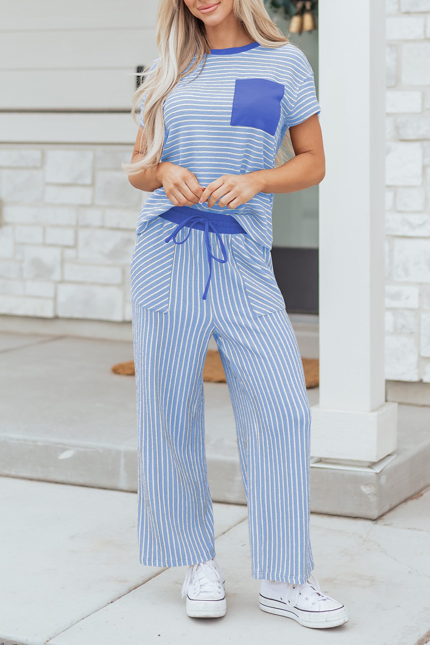 Sky Blue Stripe Crew Neck Tee Drawstring Waist Cropped Pants Set