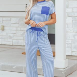 Sky Blue Stripe Crew Neck Tee Drawstring Waist Cropped Pants Set