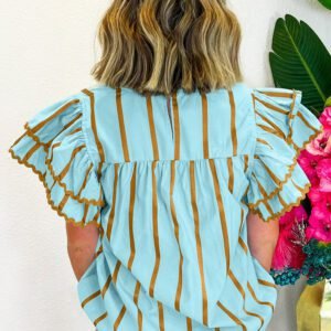 Sky Blue Stripe Ricrac Trim Double Ruffled Short Sleeve V Neck Blouse