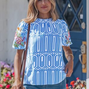 Sky Blue Unique Geometry Print Floral Embroidered Puff Sleeve Blouse