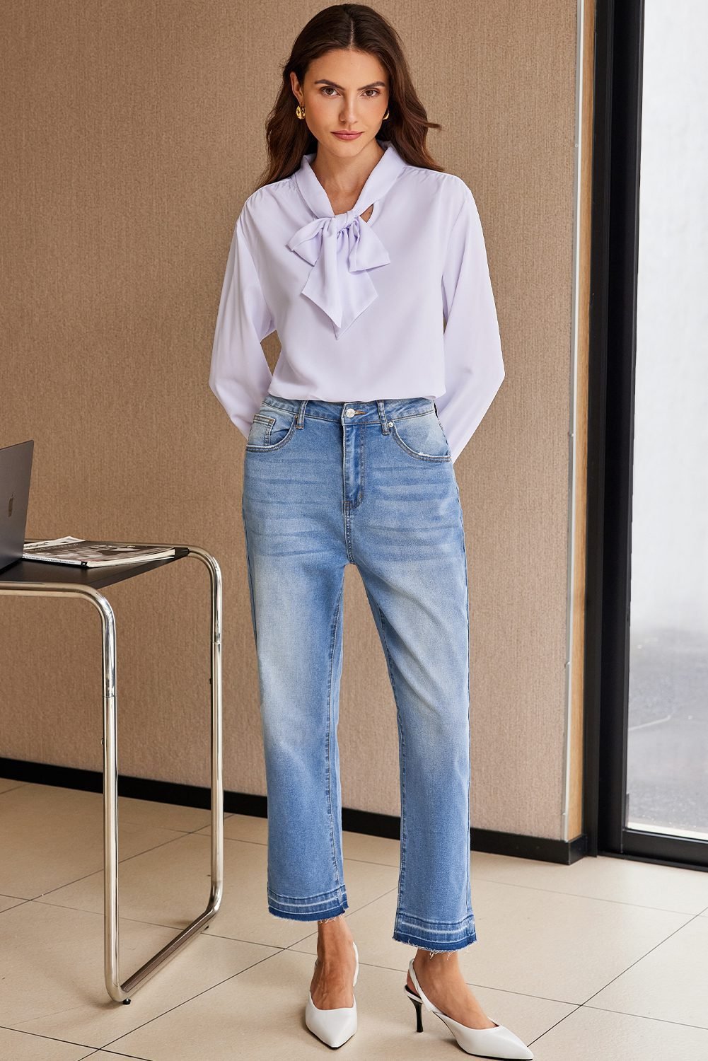 Sky Blue Whiskered Wash Raw Hem Cropped Jeans