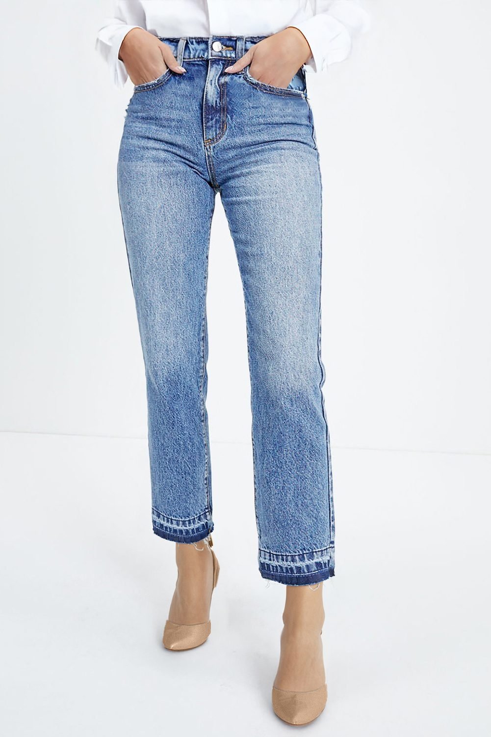 Sky Blue Whiskered Wash Raw Hem Cropped Jeans