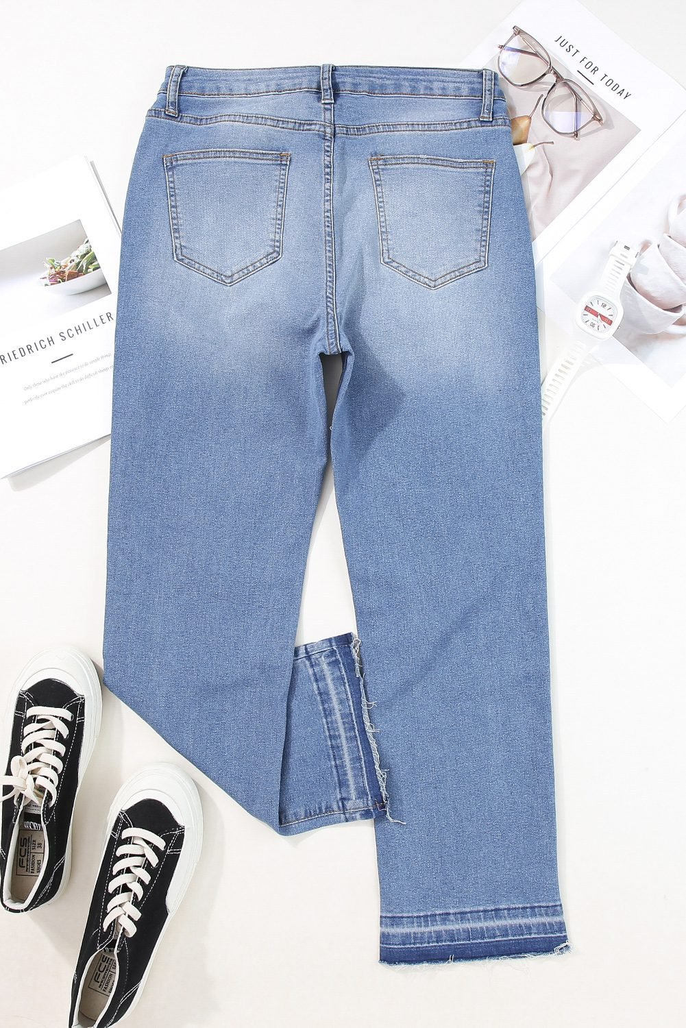 Sky Blue Whiskered Wash Raw Hem Cropped Jeans