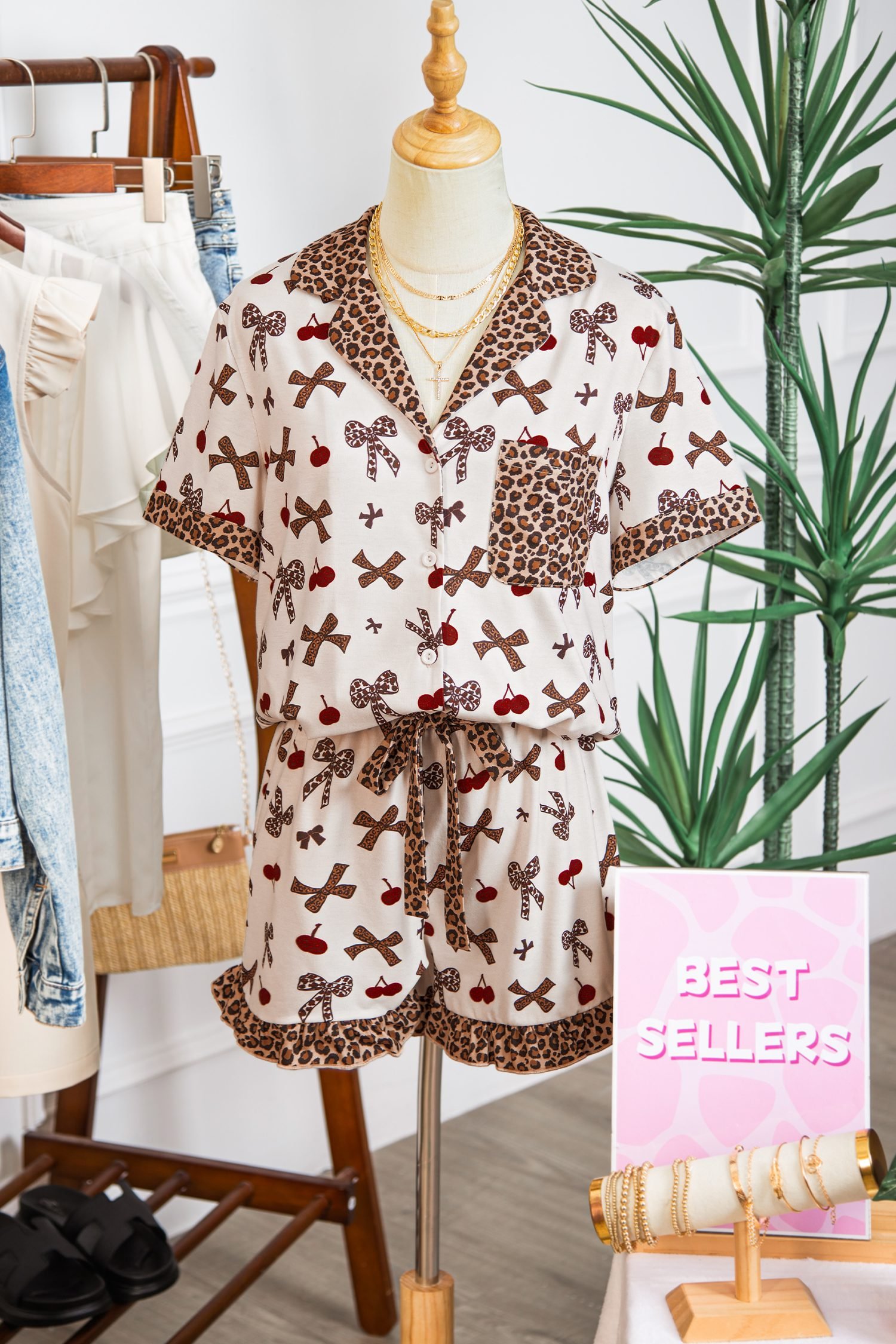 White Chic Bow Cherry Printed Leopard Contrast Patchwork Shirt Drawstring Shorts 2pcs PJ Set