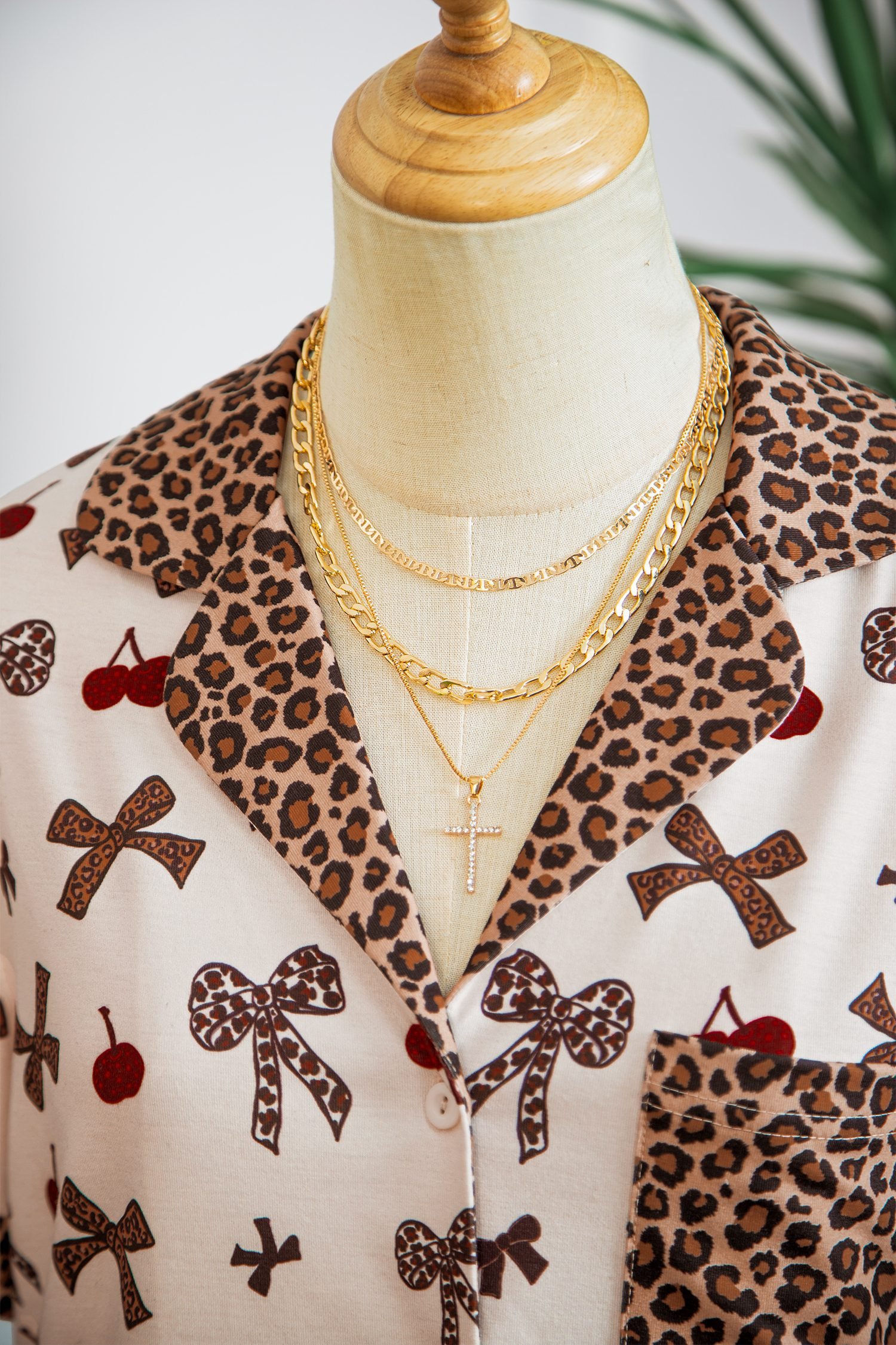White Chic Bow Cherry Printed Leopard Contrast Patchwork Shirt Drawstring Shorts 2pcs PJ Set