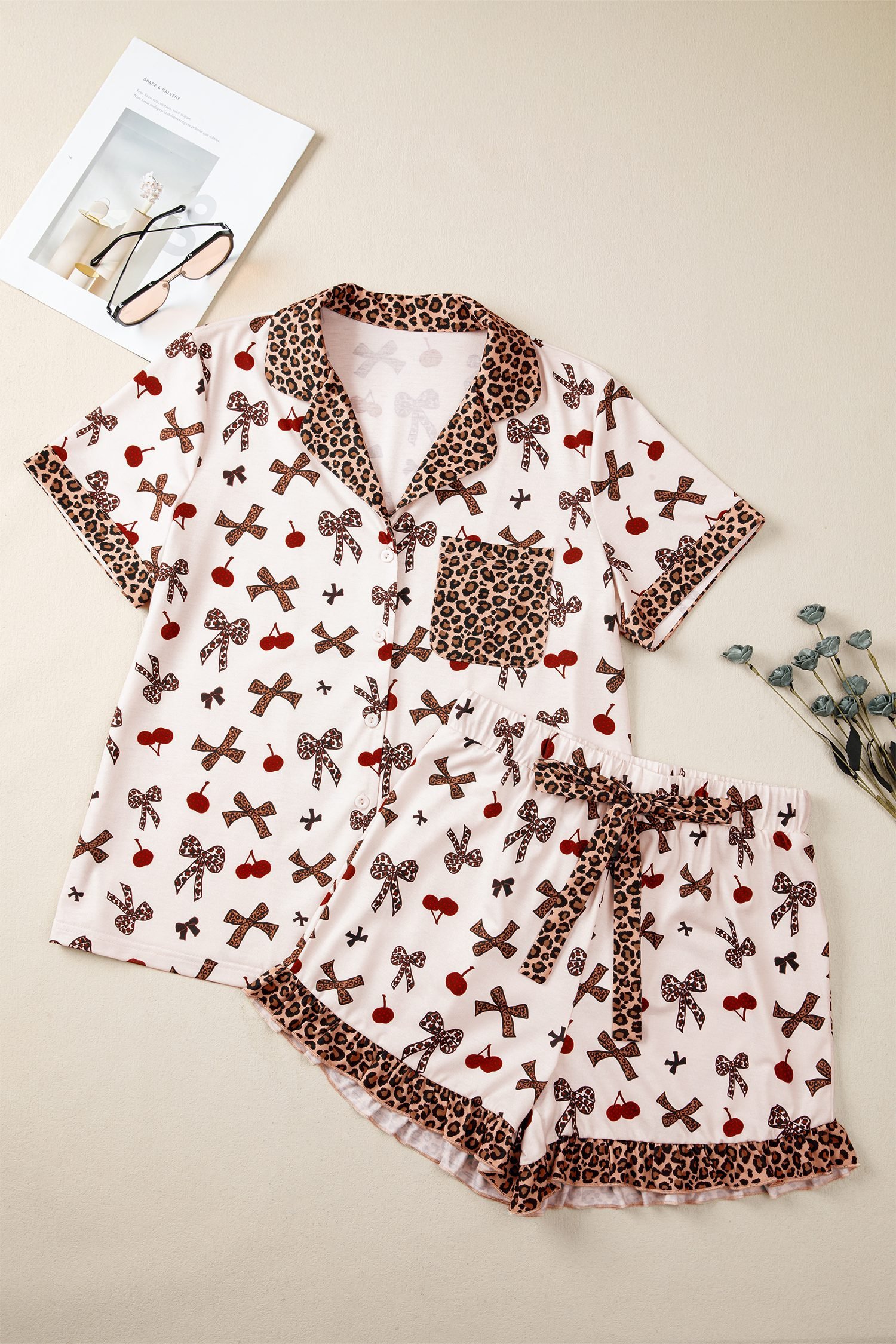 White Chic Bow Cherry Printed Leopard Contrast Patchwork Shirt Drawstring Shorts 2pcs PJ Set