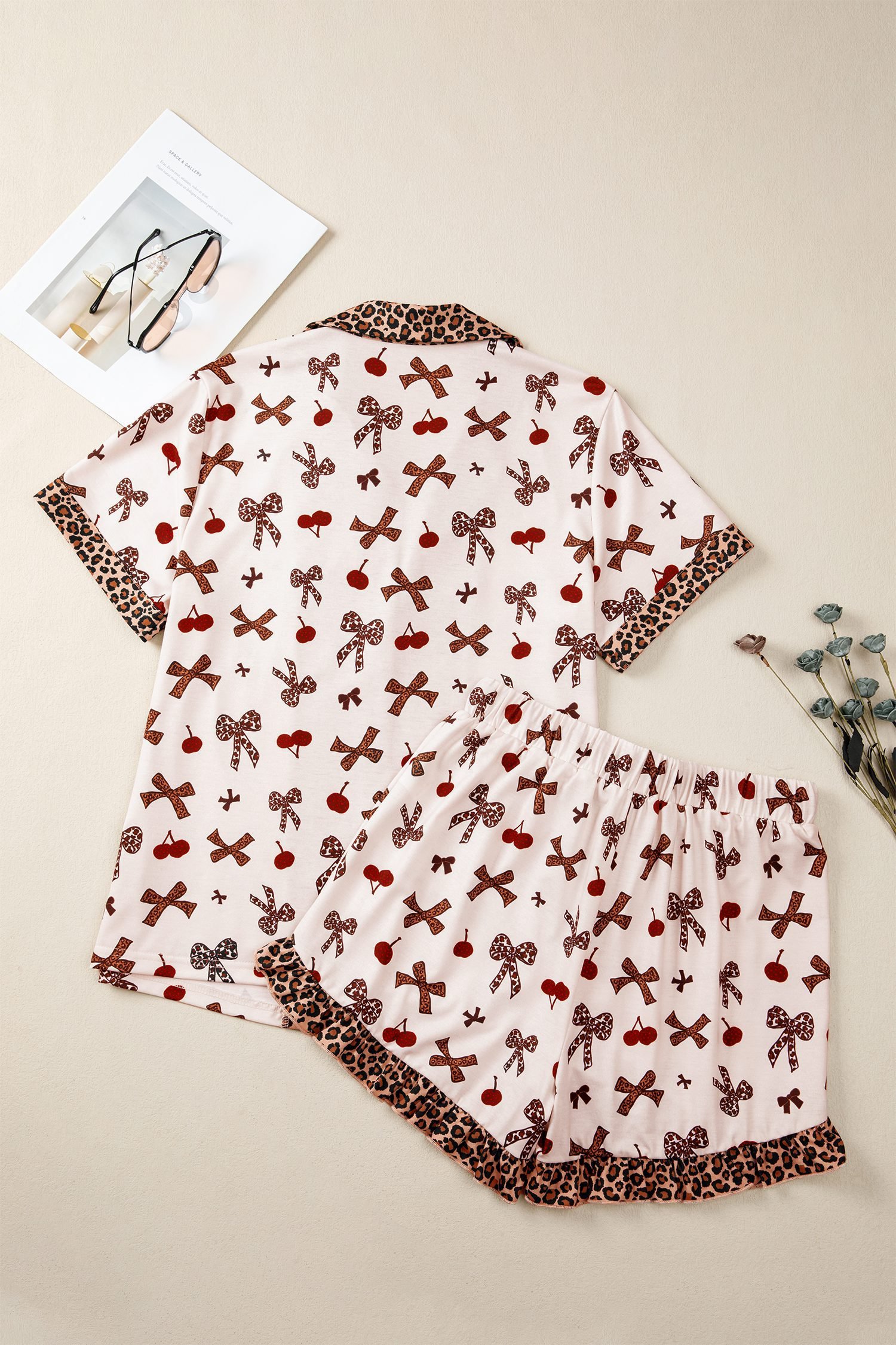 White Chic Bow Cherry Printed Leopard Contrast Patchwork Shirt Drawstring Shorts 2pcs PJ Set
