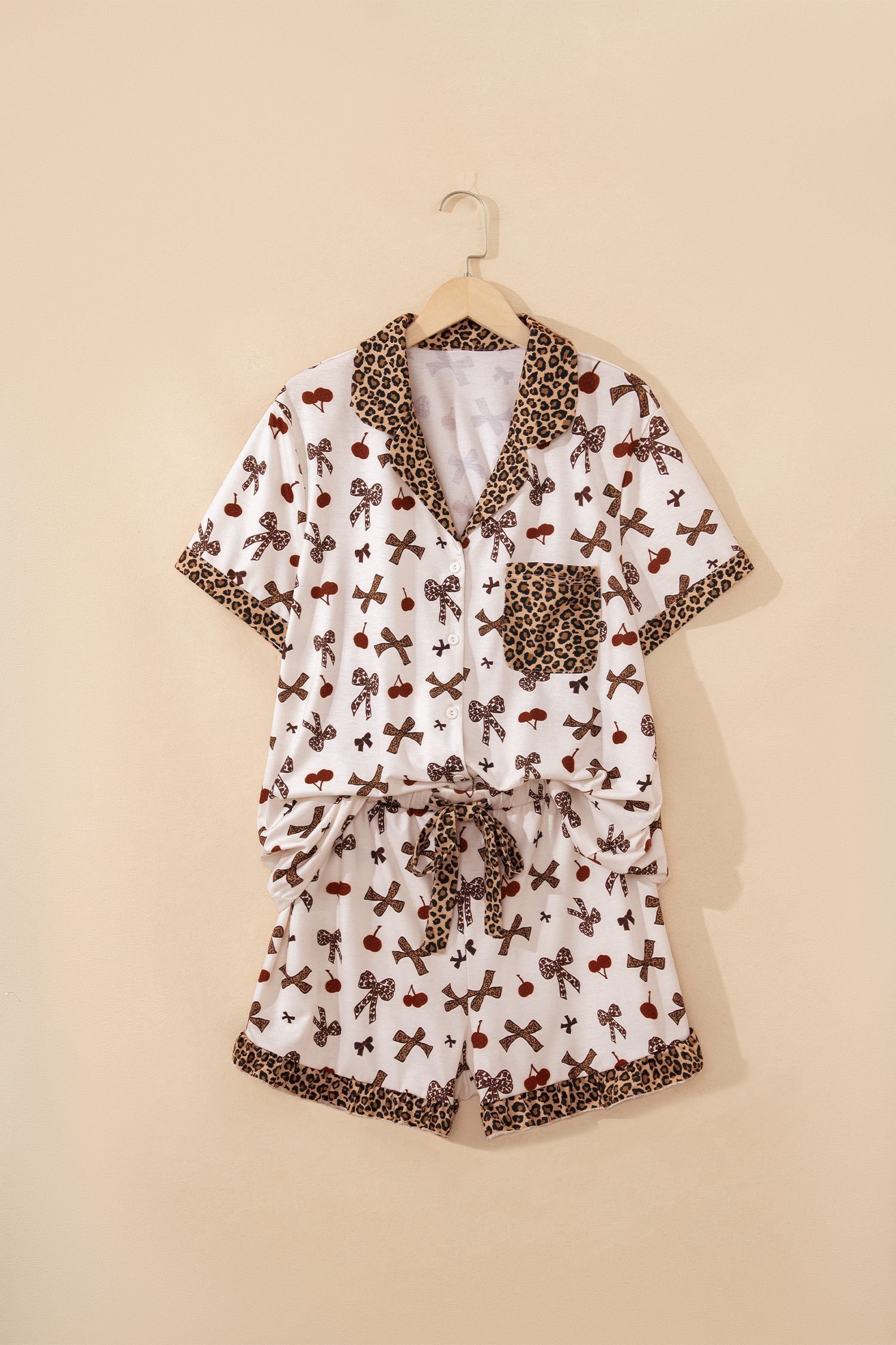 White Chic Bow Cherry Printed Leopard Contrast Patchwork Shirt Drawstring Shorts 2pcs PJ Set