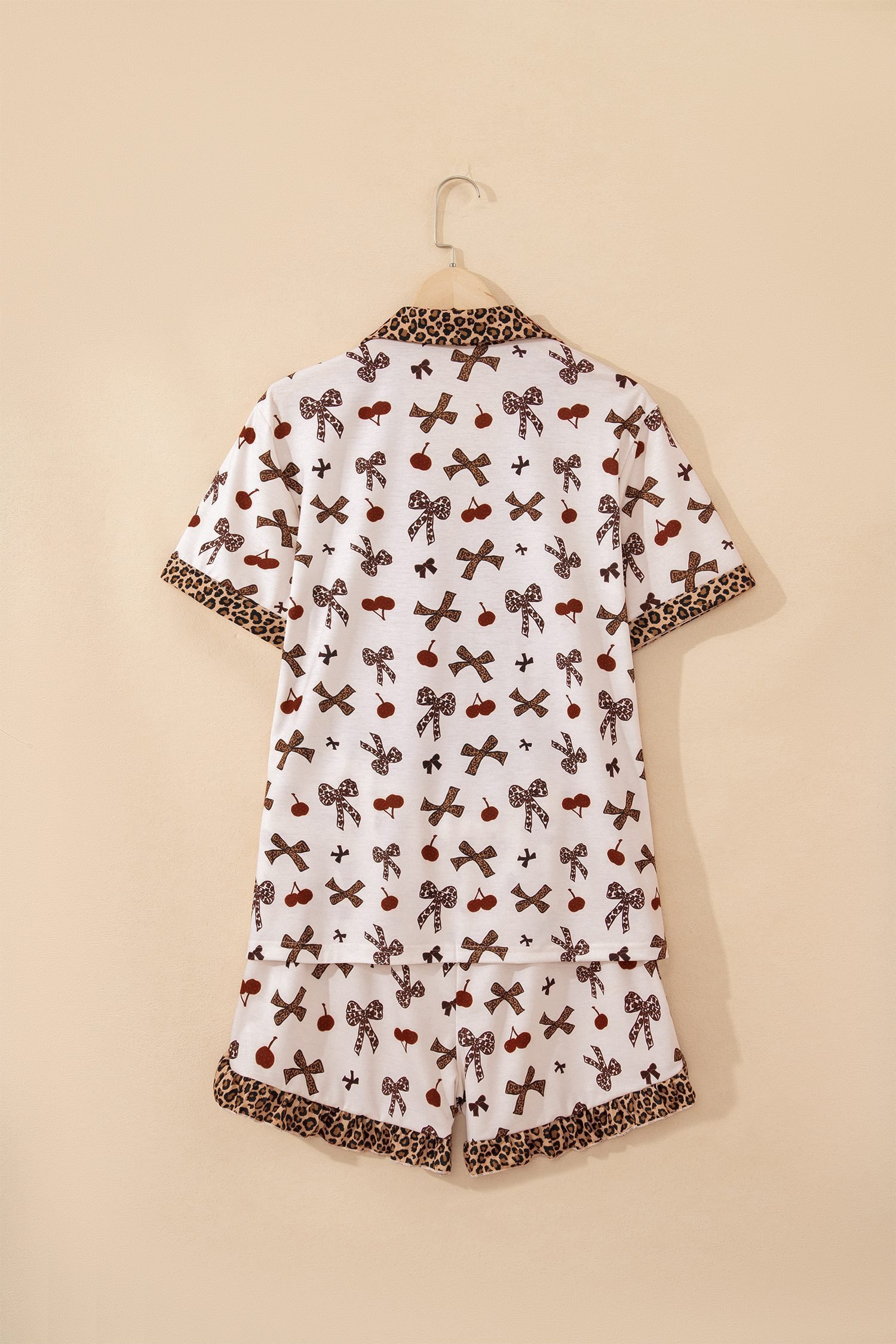 White Chic Bow Cherry Printed Leopard Contrast Patchwork Shirt Drawstring Shorts 2pcs PJ Set
