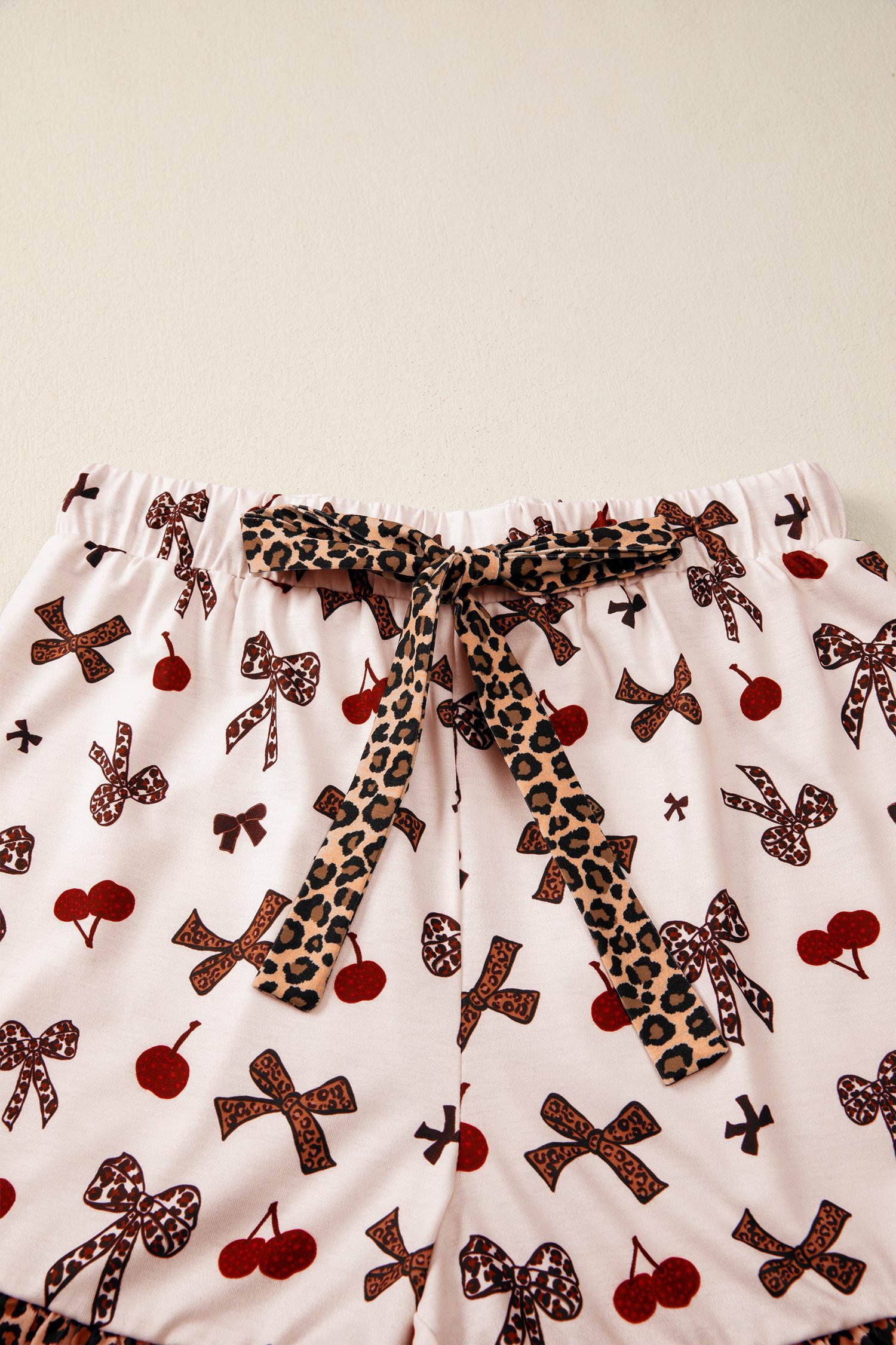 White Chic Bow Cherry Printed Leopard Contrast Patchwork Shirt Drawstring Shorts 2pcs PJ Set