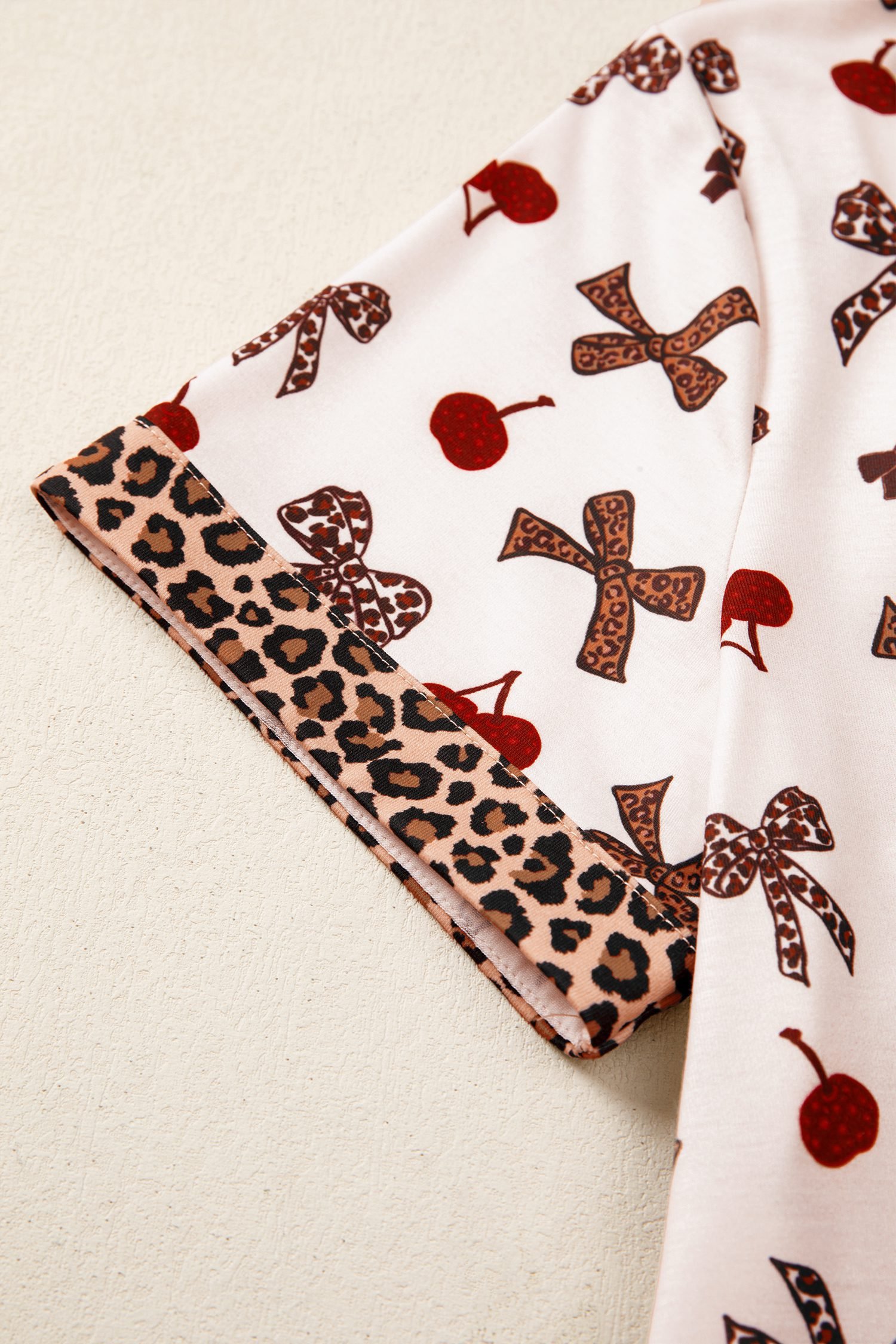 White Chic Bow Cherry Printed Leopard Contrast Patchwork Shirt Drawstring Shorts 2pcs PJ Set