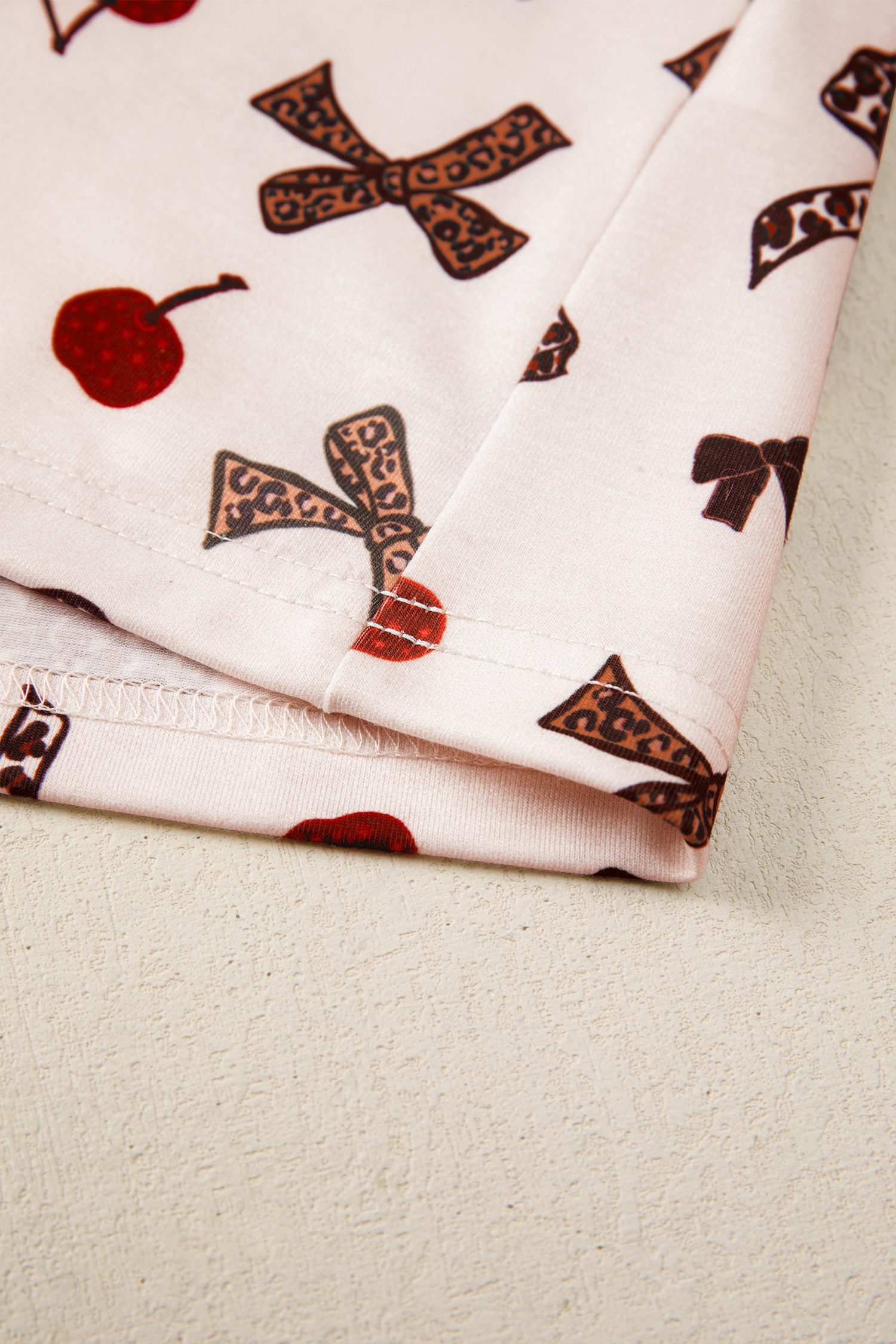 White Chic Bow Cherry Printed Leopard Contrast Patchwork Shirt Drawstring Shorts 2pcs PJ Set