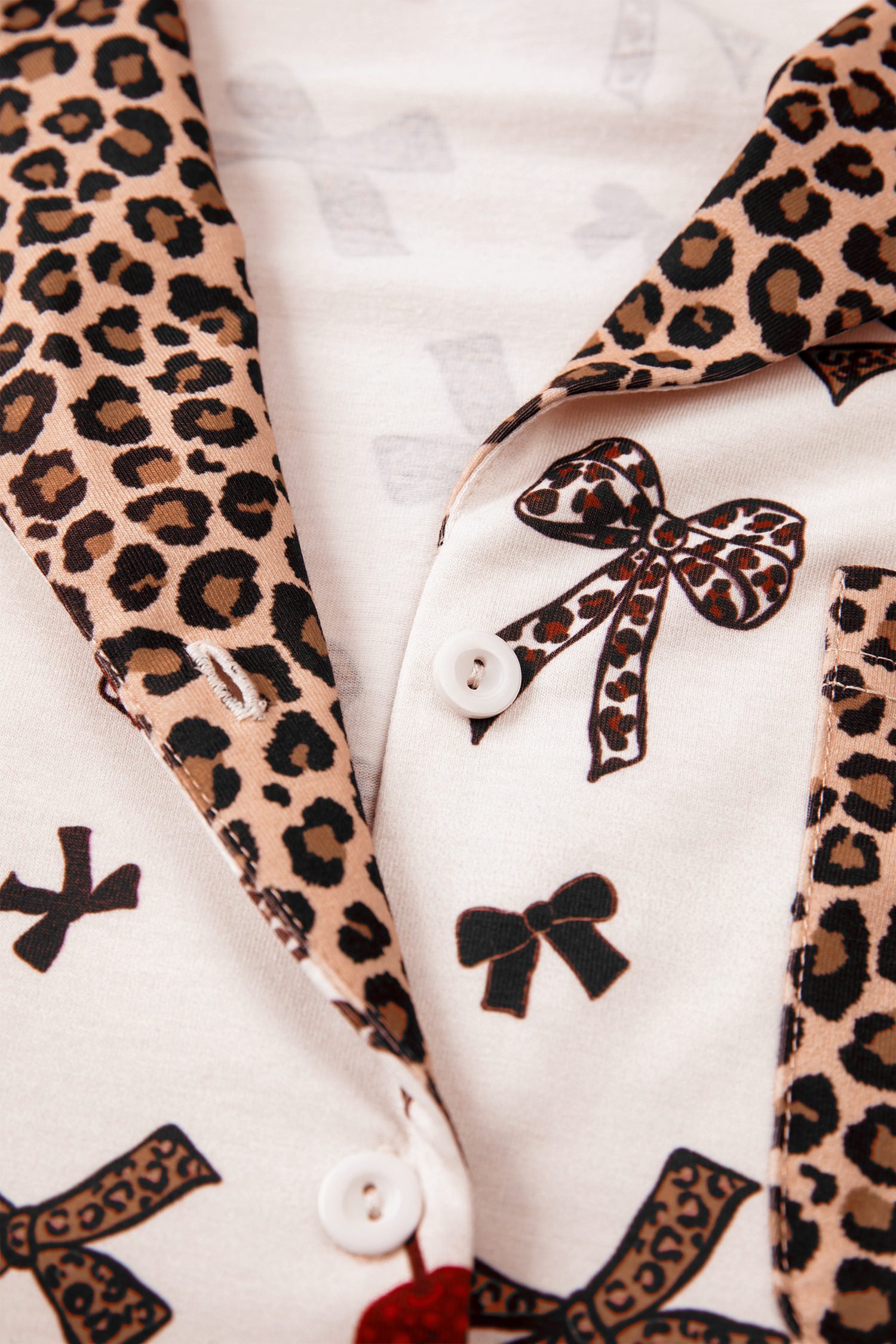 White Chic Bow Cherry Printed Leopard Contrast Patchwork Shirt Drawstring Shorts 2pcs PJ Set