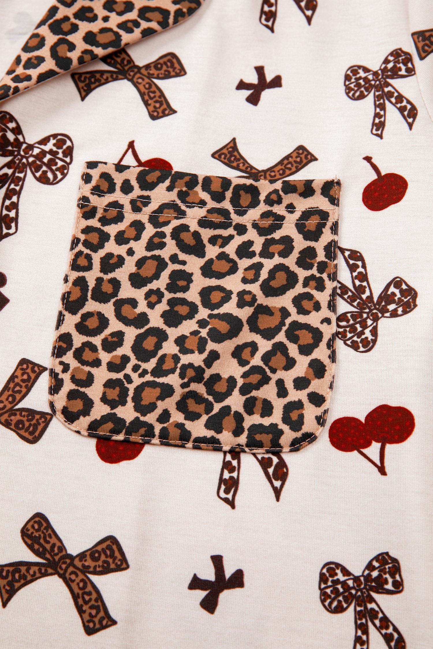 White Chic Bow Cherry Printed Leopard Contrast Patchwork Shirt Drawstring Shorts 2pcs PJ Set