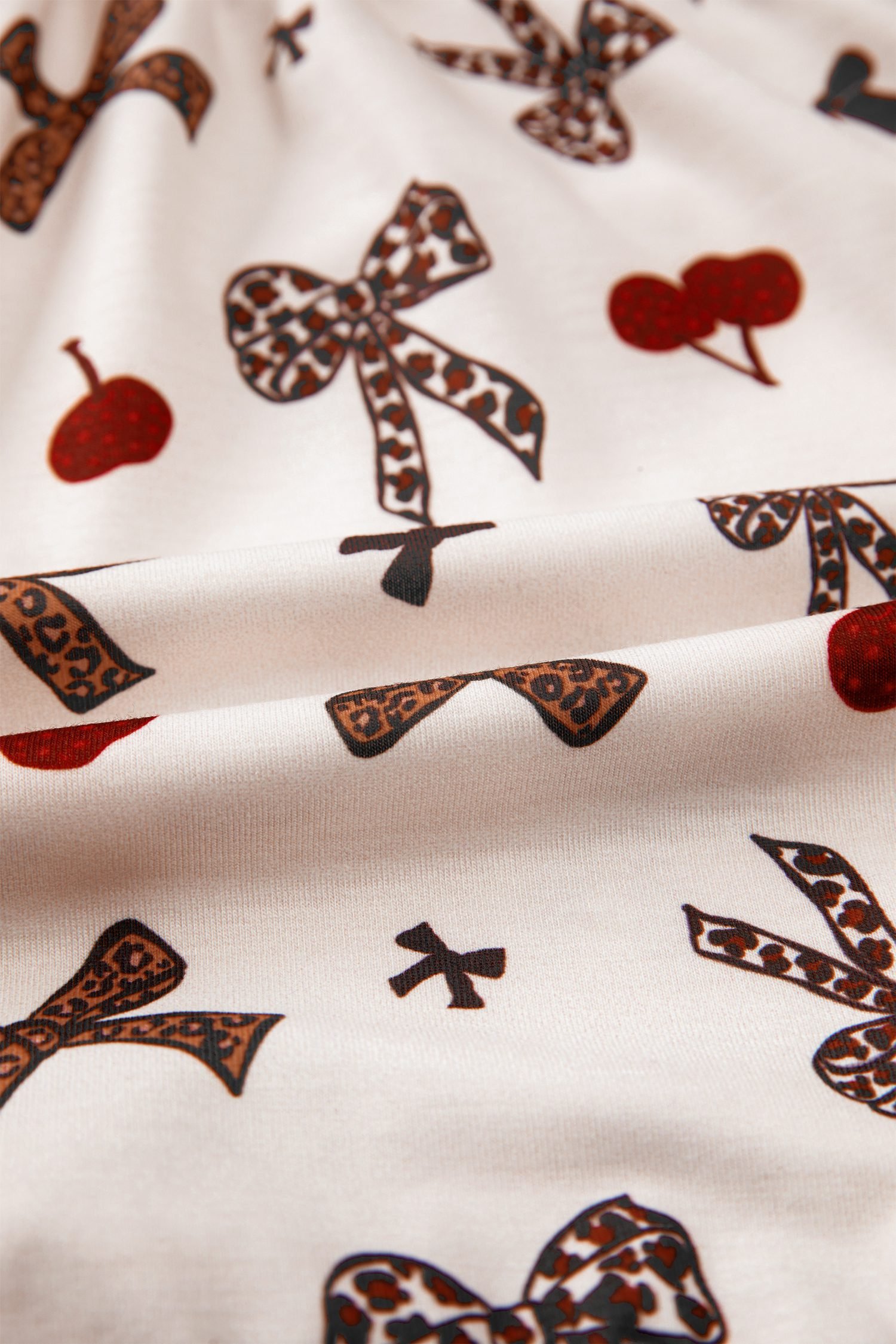 White Chic Bow Cherry Printed Leopard Contrast Patchwork Shirt Drawstring Shorts 2pcs PJ Set