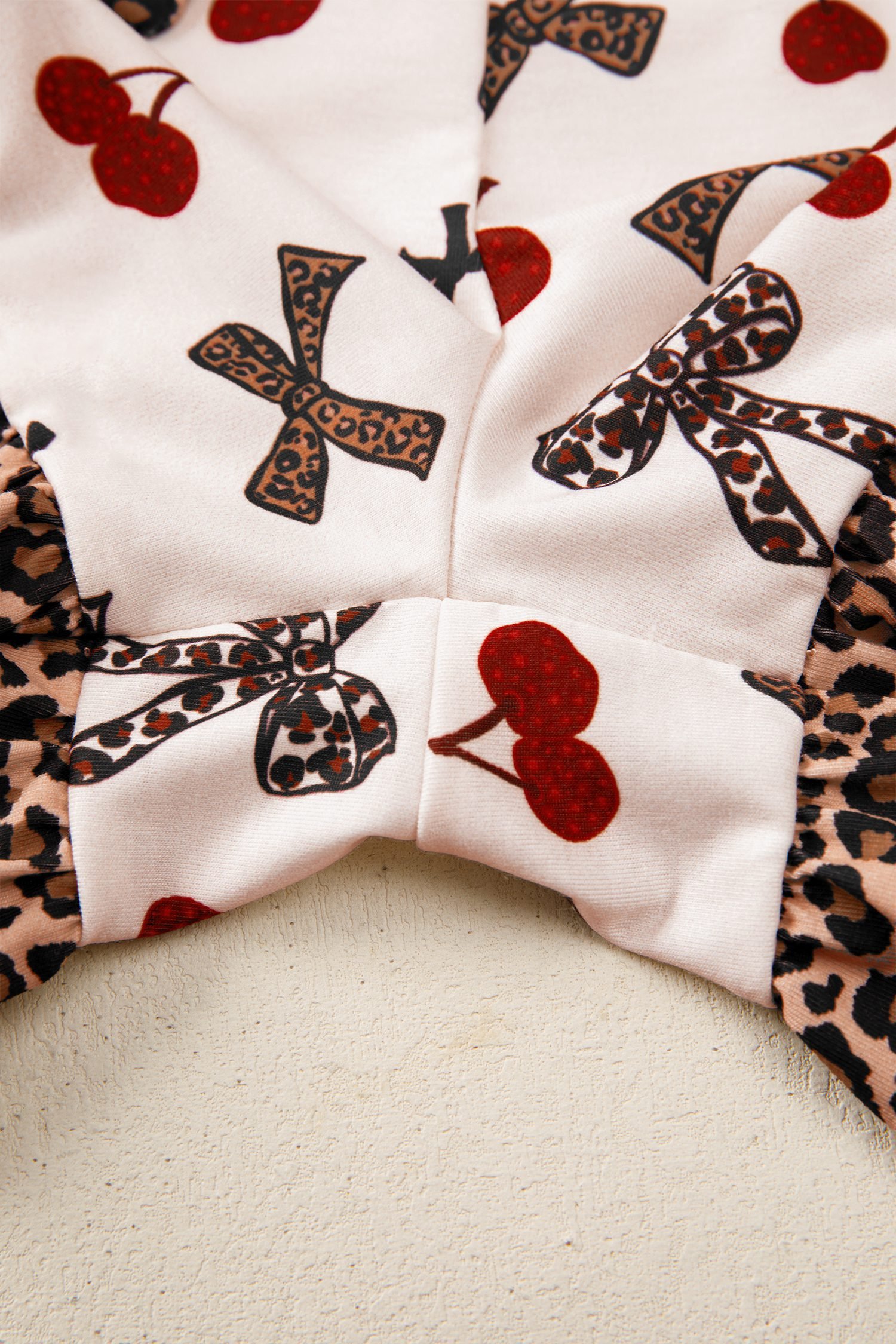 White Chic Bow Cherry Printed Leopard Contrast Patchwork Shirt Drawstring Shorts 2pcs PJ Set