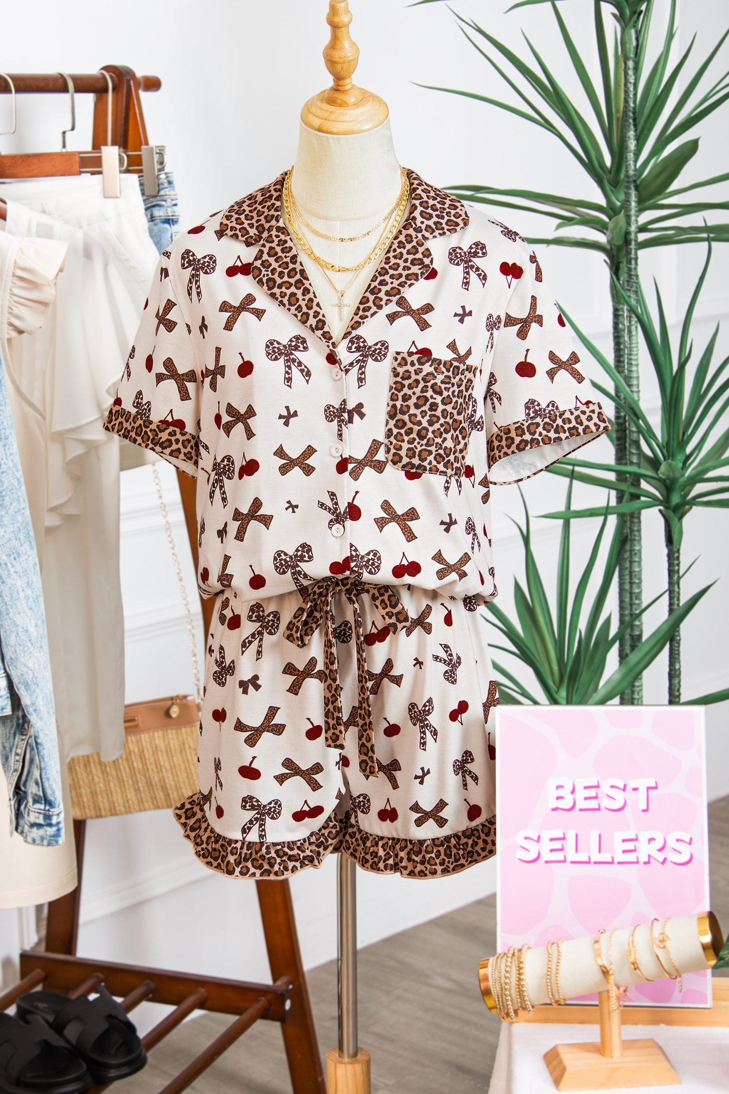 White Chic Bow Cherry Printed Leopard Contrast Patchwork Shirt Drawstring Shorts 2pcs PJ Set