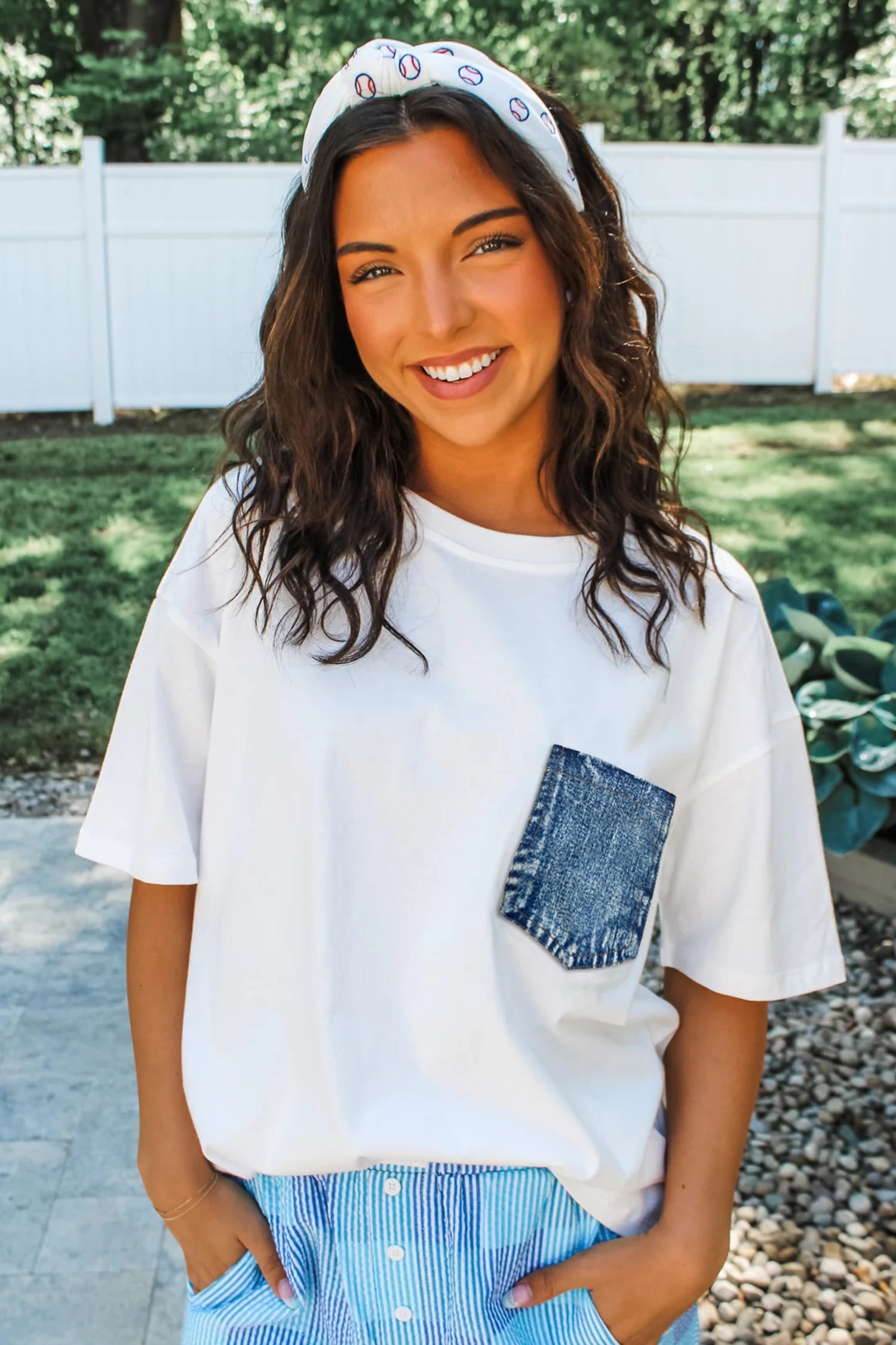 White Color Block Chest Pocket Patched Casual Short Sleeve Top