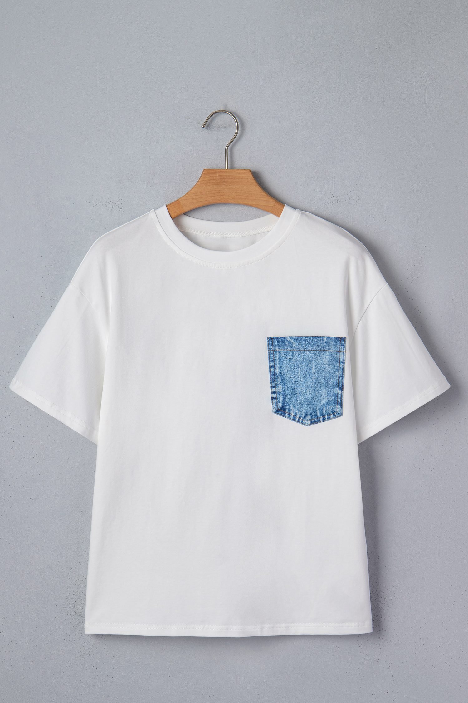 White Color Block Chest Pocket Patched Casual Short Sleeve Top