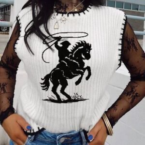 White Contrast Trim Round Neck Rodeo Cowboy Sweater Vest