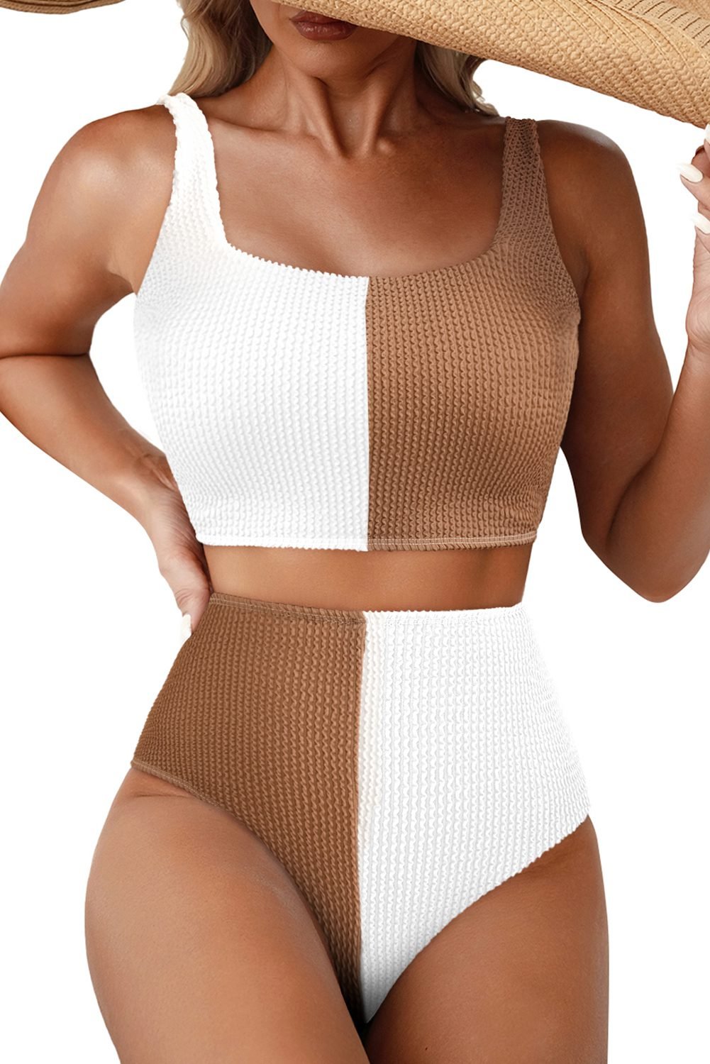 White Corded Colorblock Square Neck Bikini Swimsuit