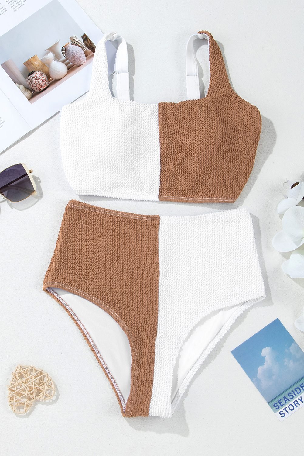 White Corded Colorblock Square Neck Bikini Swimsuit