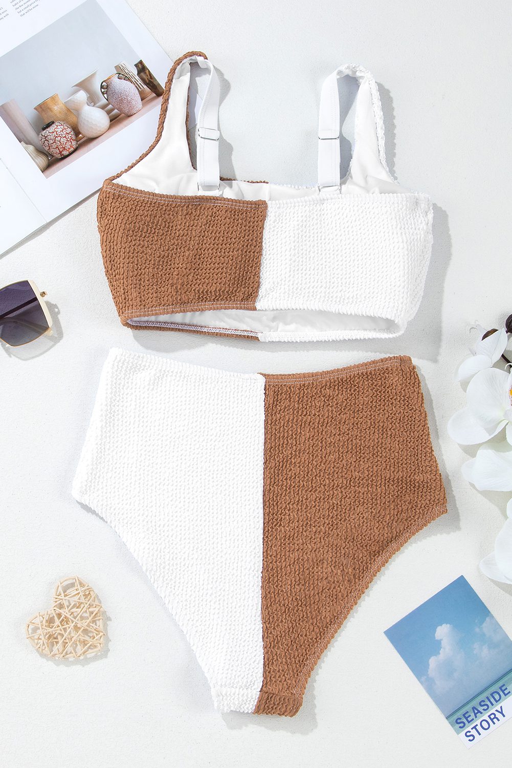 White Corded Colorblock Square Neck Bikini Swimsuit