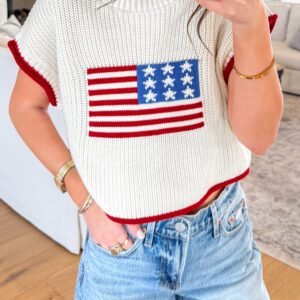 White Flag Print Cropped Short Sleeve Sweater