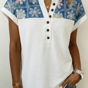 White Floral Patchwork Short Sleeve Viscose Blend Blouse