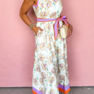 White Floral Print Color Block Trim Belted Sleeveless Maxi Dress