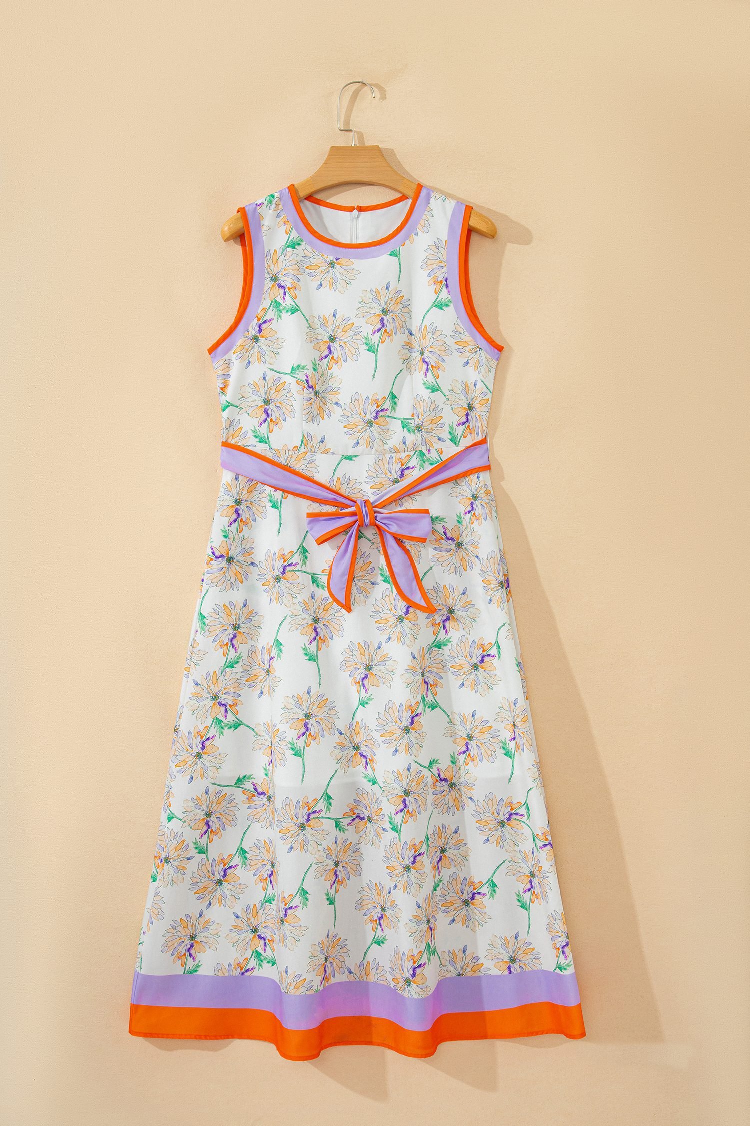 White Floral Print Color Block Trim Belted Sleeveless Maxi Dress