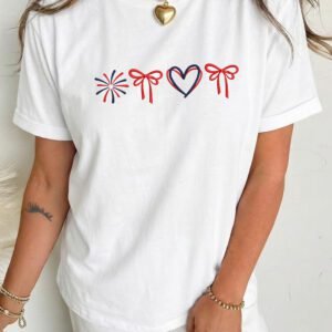 White Love July 4th Firework Bow Embroidered T Shirt