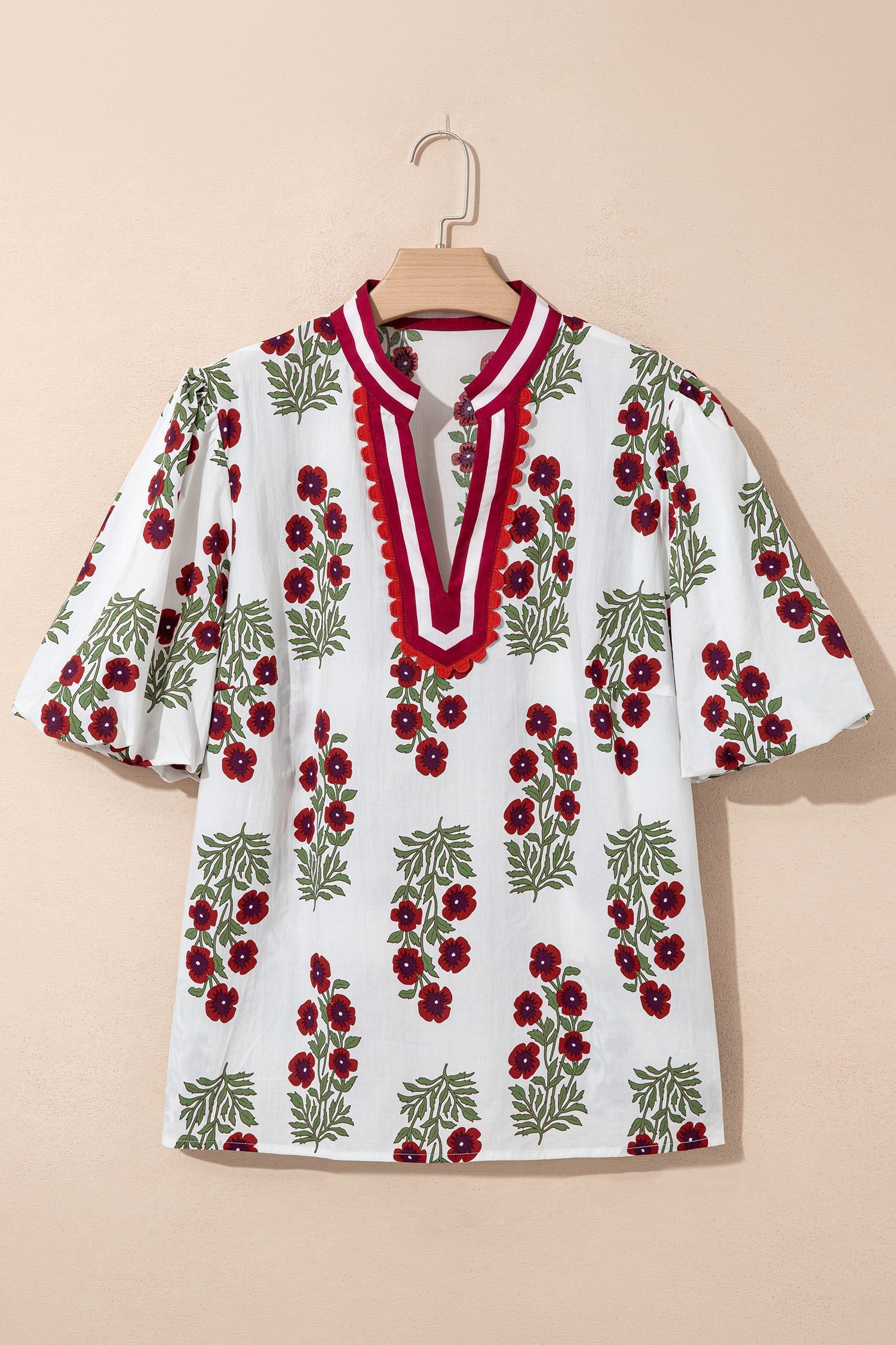 White Plus Size Floral Print Ricrac Striped Trim Short Sleeve Cotton Blouse