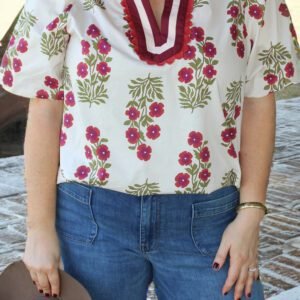 White Plus Size Floral Print Ricrac Striped Trim Short Sleeve Cotton Blouse