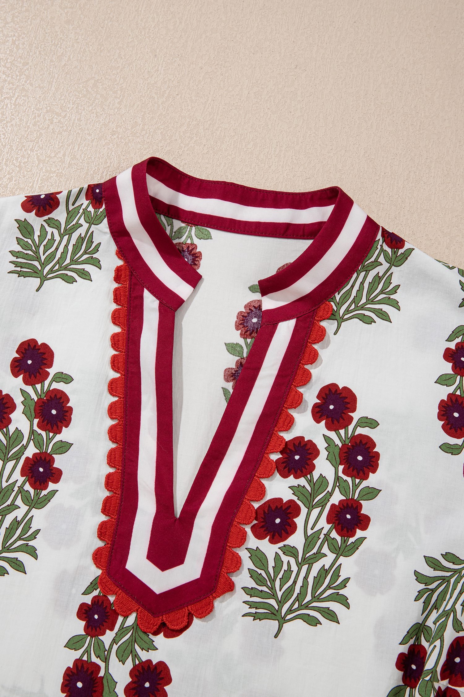 White Plus Size Floral Print Ricrac Striped Trim Short Sleeve Cotton Blouse