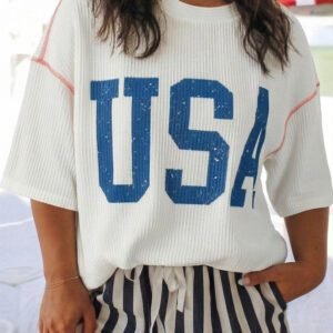 White Plus Size Twisted Rib Vintage USA Letter Printed T Shirt