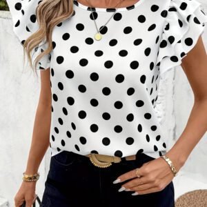 White Polka Dot Print Ruffled Short Sleeve Blouse